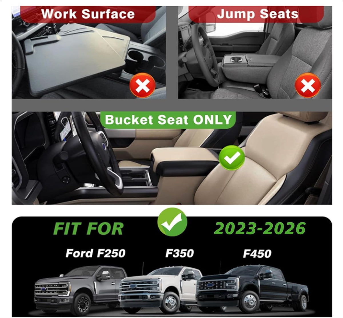 Muslogy Center Console Organizer Tray for 2023-2026 F250/F350/F450/F550 Super Duty Accessories Storage Box Divider, Fit for Ford OEM Tray, W/Black PVC Mats, Bucket Seats Only, Not for Work Surface