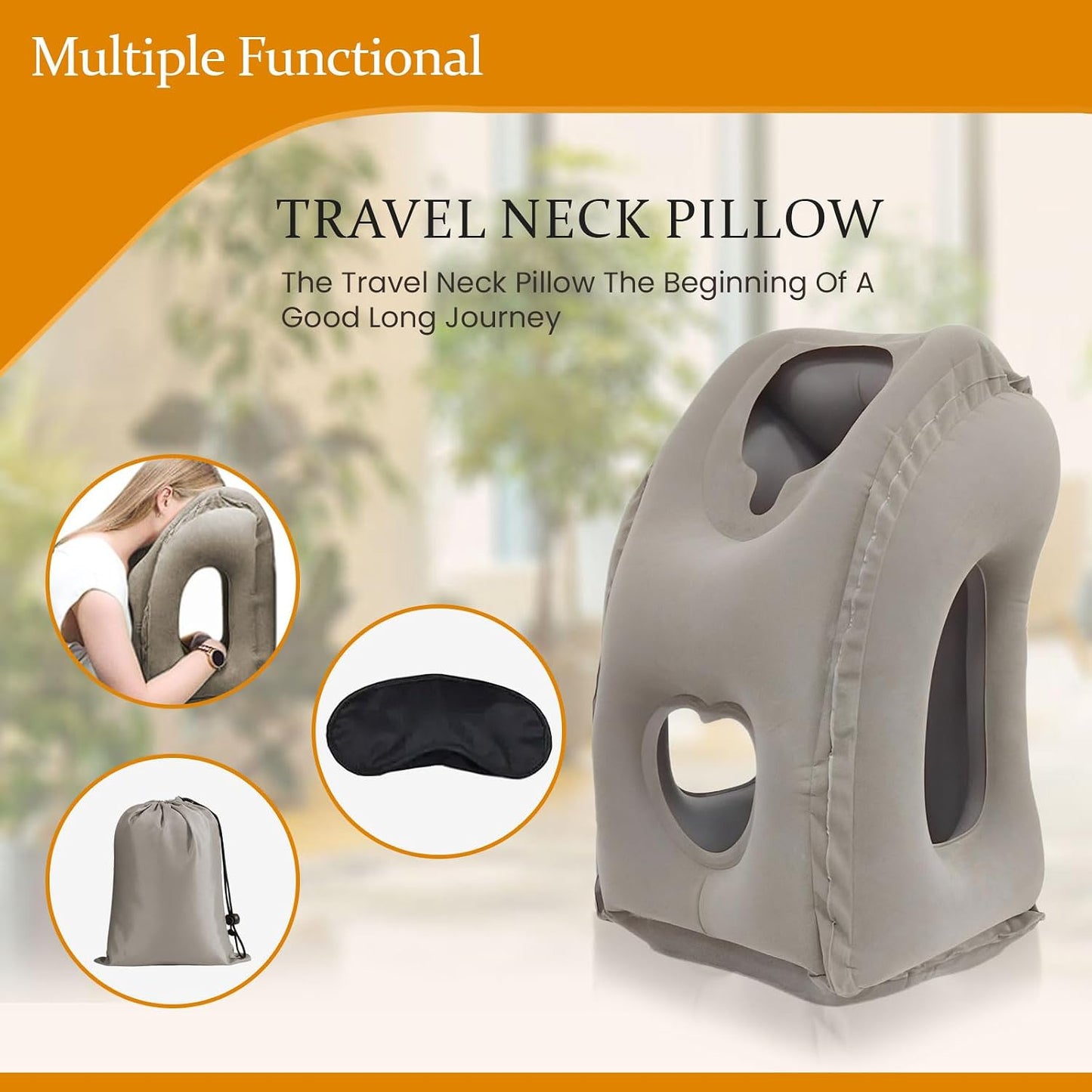 Inflatable Travel Pillows for Airplanes, Blow Up Travel Pillow for Train Office Car with Chin and Neck Support, Inflatable Travel Pillow for Sleep Support with Eye Mask, Bag & Earplugs_Gray