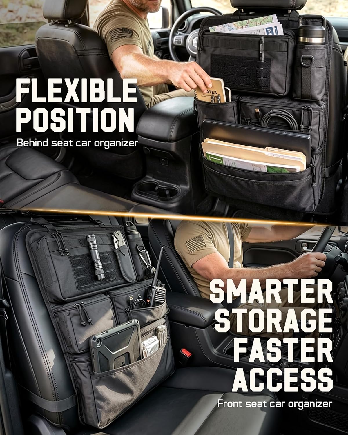 All in One Car Seat Back Organizer Fit Most Cars SUV Trucks Jeeps | Heavy Duty Molle Panel Seat Back Protector with Multi-Pockets Storage, for Tools, Toys, Camping, Travel, Daily Commuting