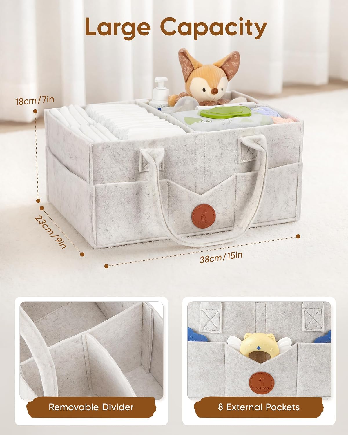 Maliton Baby Diaper Caddy, Nursery Storage Bin & Car Organizer with Handle, Large Felt Bag for Newborn essentials Boy or Girl, Changing Table Organizer for Baby Stuff, 15" x 9" x 7" Baby Shower Basket