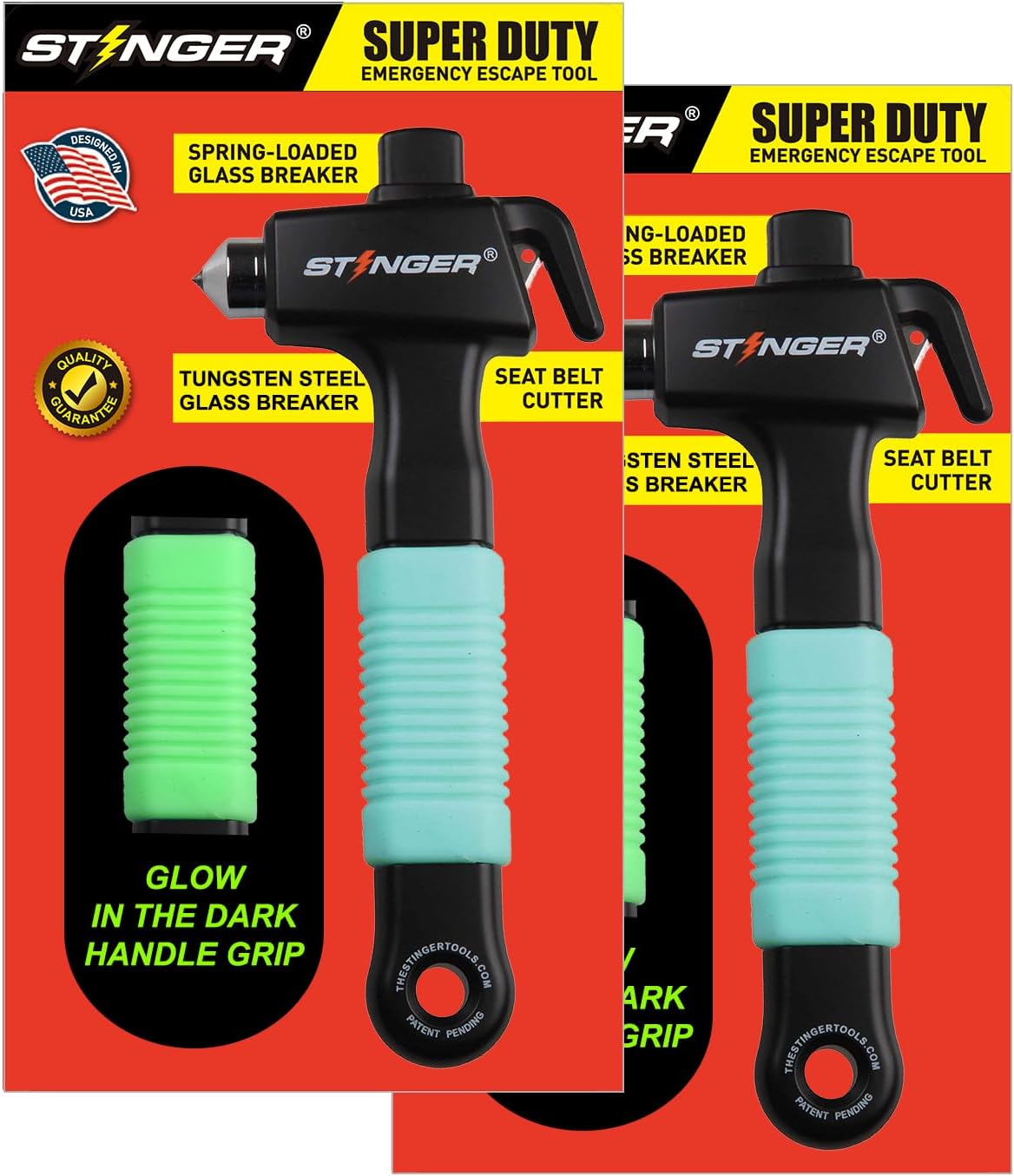 Stinger Super Duty Car Emergency Escape Tool - Hardened Carbon Steel Safety Hammer, Spring-Loaded Window Breaker, Razor-Sharp Seat Belt Cutter, Life-Saving Rescue Tool (One Green)