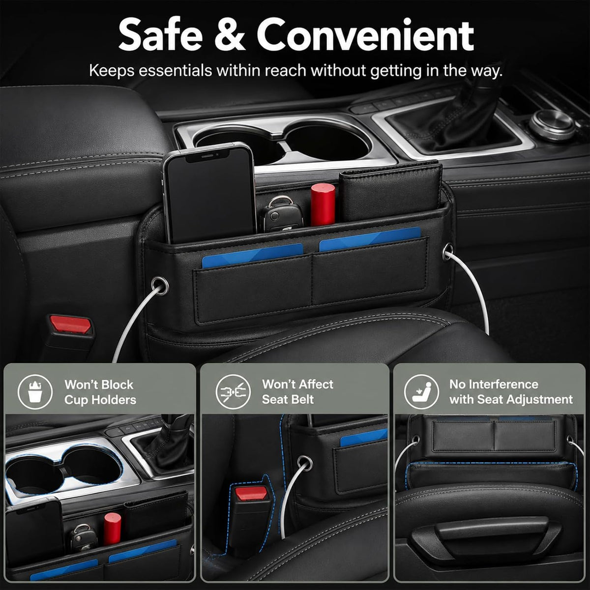 Car Seat Gap Filler Organizer, Front Seat Organizer with Card Slots, Black
