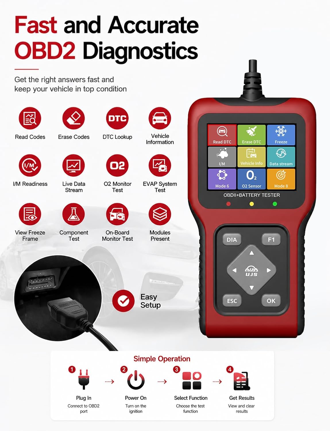 TesGo 2 in 1 OBD2 Scanner and 12V Battery Tester, Car Diagnostic Tool
