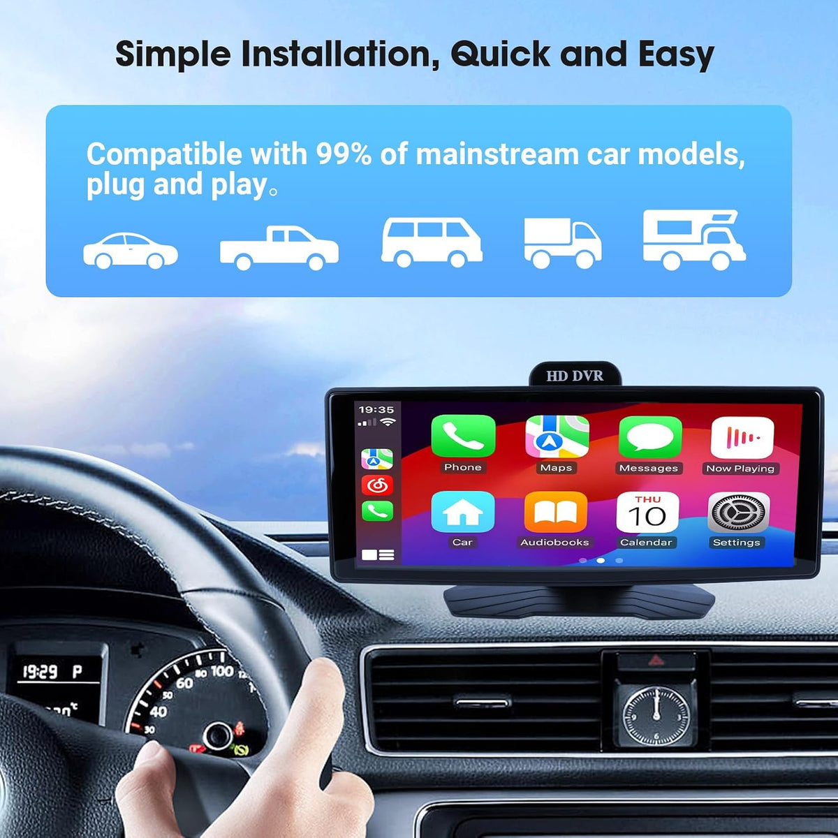 Haudio 10.26" Portable Wireless Apple CarPlay Screen for Car, Wireless Android Auto Touch Screen with 1080P Dash Cam & Backup Camera, GPS Navigation, Bluetooth 5.0, Voice Control, FM, Plug and Play