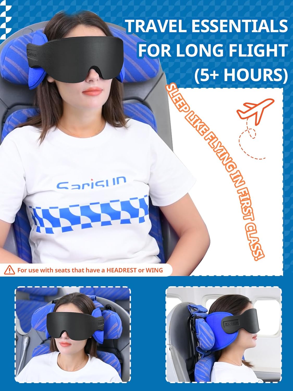 SARISUN Travel Pillows for Airplanes, Airplane Pillow for Long Flight Car Road Trip, Airplane Head Strap with Sleep Eye Mask, 360° Support Headrest, Stop Bobblehead Travel Neck Pillow, Mottled Black