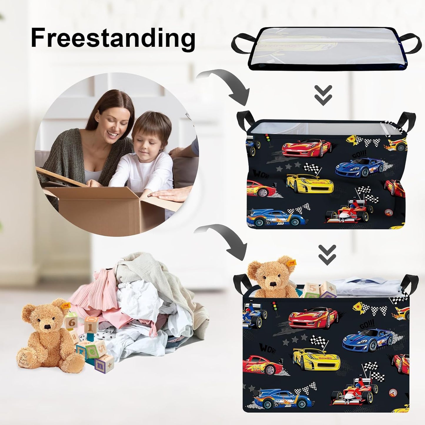 Clastyle Competitive Race Car Kids Book Storage Basket Checkered Flag Clothes Laundry Basket Parents Gift Toy Box for Bedroom Shower, Grey, 40x30x30 cm