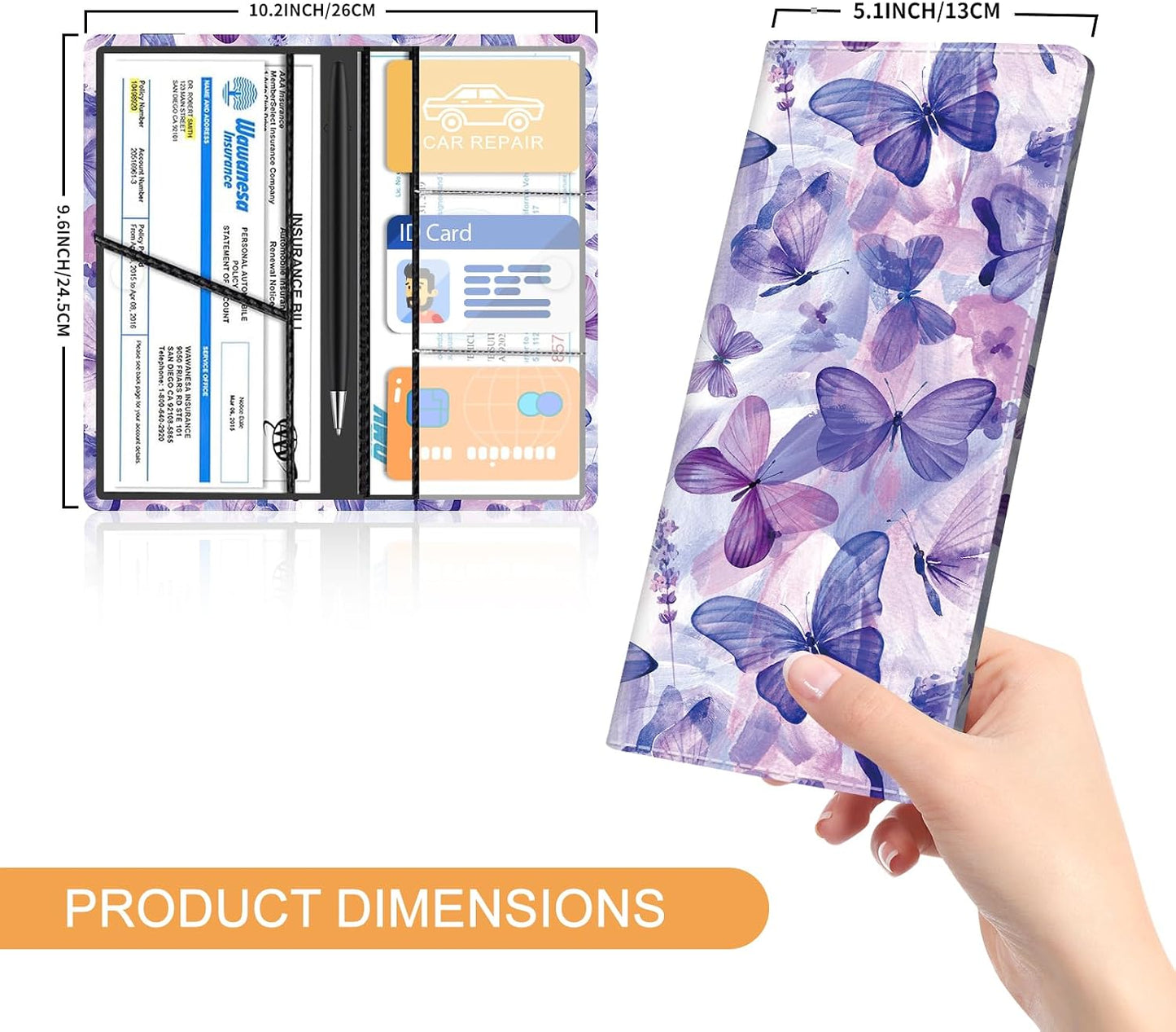 Premium Leather Car Registration and Insurance Card Holder with Magnetic Shut, Cute Vehicle License Document Glove Box Compartment Organizer Cool Car Accessories Blue Purple Butterfly