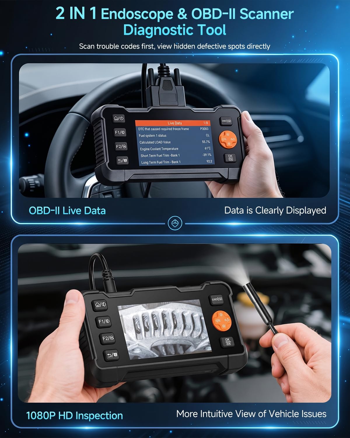 2-in-1 Enhanced OBD2 Scanner & Endoscope Camera with Light, 1080P