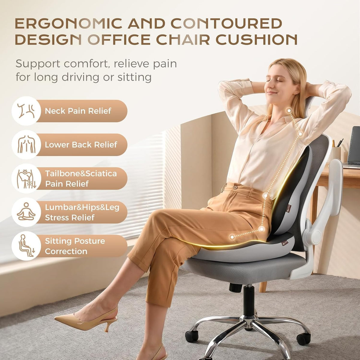Coverado Seat Cushions Neck Pillow Lumbar Support Pillow for Car, Memory Foam Office Chair Back Support Orthopedic Coccyx Cushion with Non-Slip Bottom Neck Butt Back Pillow for Chair Truck Gray&Black