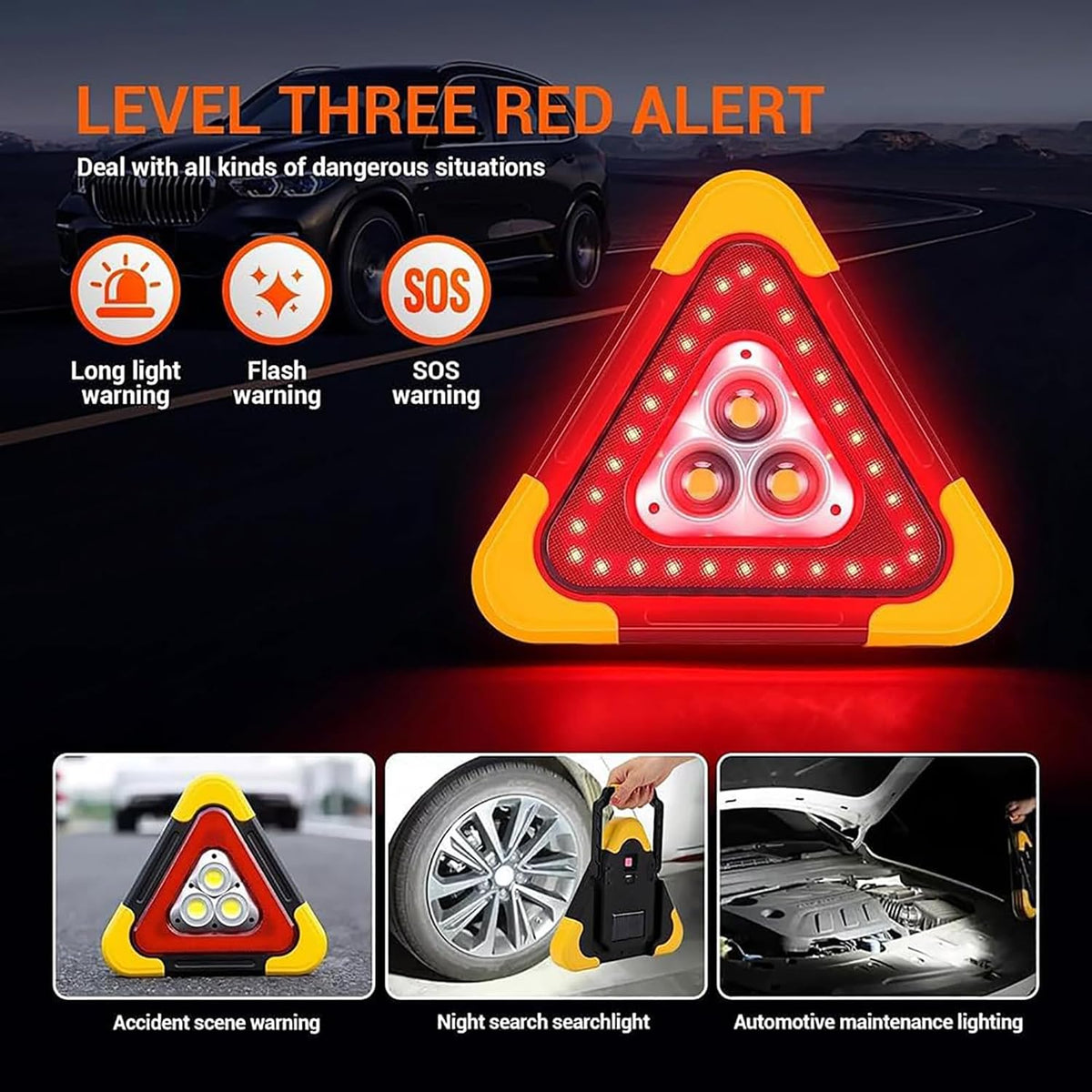 Car Tripod Warning Sign, Solar Waterproof Triangle Emergency Lights, Solar Charging/3-Position Adjustment, for Car Maintenance Roadside Assistance.