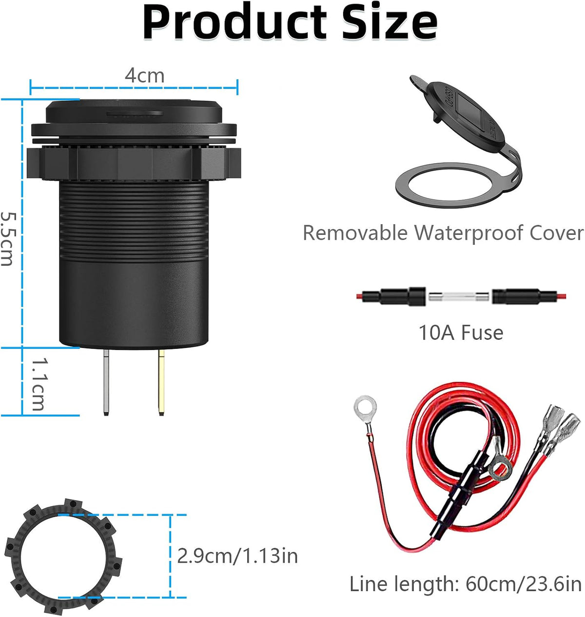 USB C Car Charger Socket, Qidoe 12V/24V Dual USB Outlet PD3.0 & QC3.0 Car USB Port with LED Voltmeter and ON/Off Switch DIY Car Socket for Car Boat Marine Bus Truck Golf RV Motorcycle
