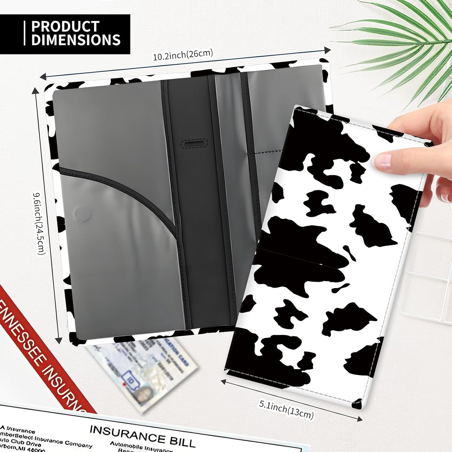 Leather Car Registration and Insurance Card Holder, Cute Car Accessories Vehicle Glove Box Car Organizer for Documents, Cards, License Black White Cow