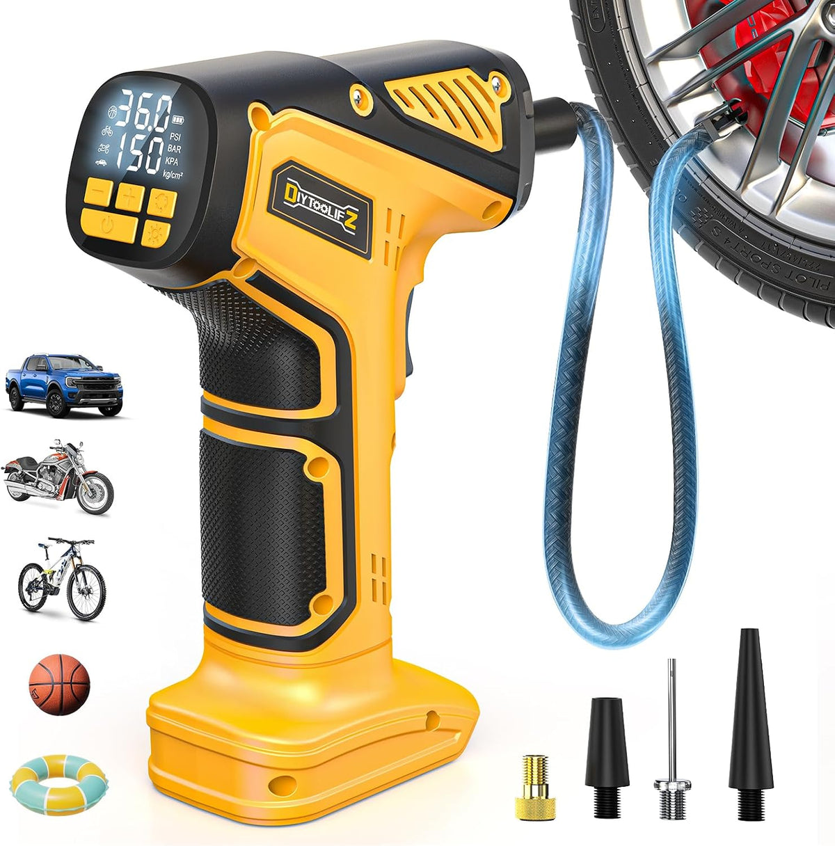 DIYtoolifz Cordless Tire Inflator Air Compressor Compatible with Dewalt 20V Battery (Tool Only), 150 PSI Portable Car Air Pump with Digital Pressure Gauge, Automatic Shut Off, LED Light