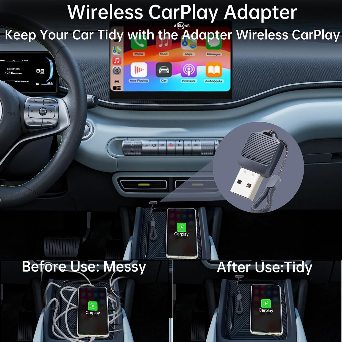 Wireless Carplay Adapter (2025 Upgrade), Plug and Play, Convert Wired to Wireless Bluetooth Carplay Adapter for iPhone - No Latency -Micro Size