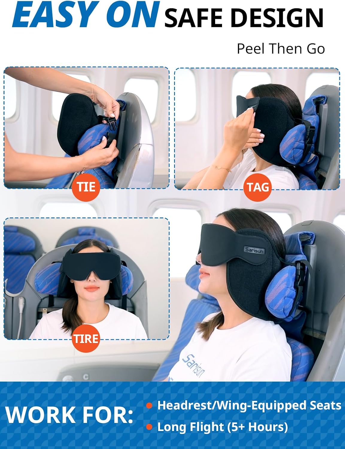 SARISUN Upgraded Travel Pillow, Airplane Head Strap for All Heights, 360° Head Support, Airplane Pillow with 3D Sleep Mask, Light Blocking, Long Flights Essentials Headrest, Stop Bobblehead, Red