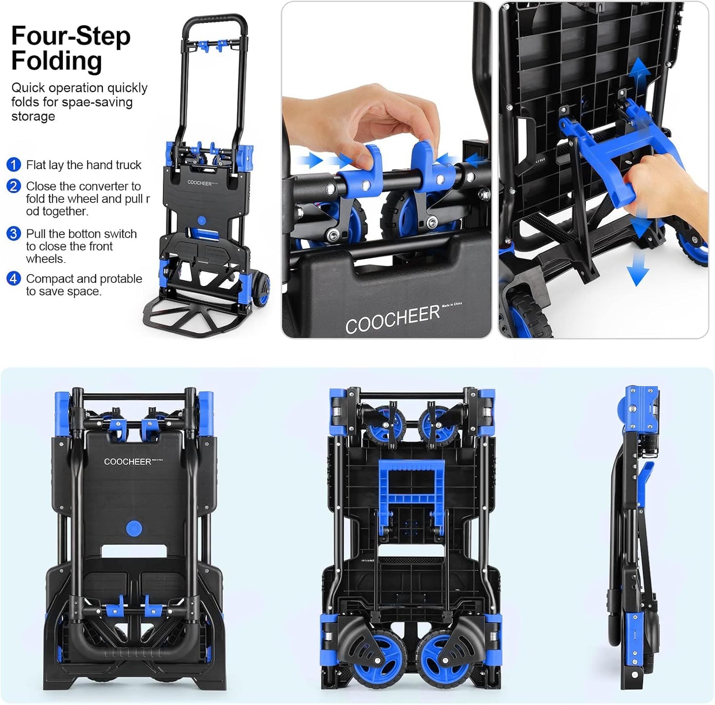 2-in-1 Folding Hand Truck Dolly with Basket, 330LB Load Carrying, Foldable Dolly with Retractable Handle and 4 Rubber Wheels, Portable Hand Cart for Moving/Travel/Office(Blue Upgrated)