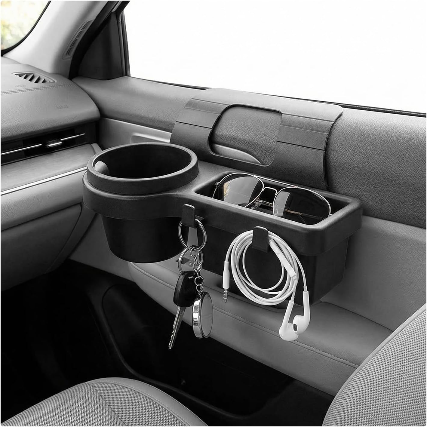 Car Window Multifunctional Storage Organizer, Auto Door Side Hanging Organizer w/Cup Holder & Hooks, Vehicle Window Mount Storage Rack w/Foam Pads for Cell Phone Key Bottle