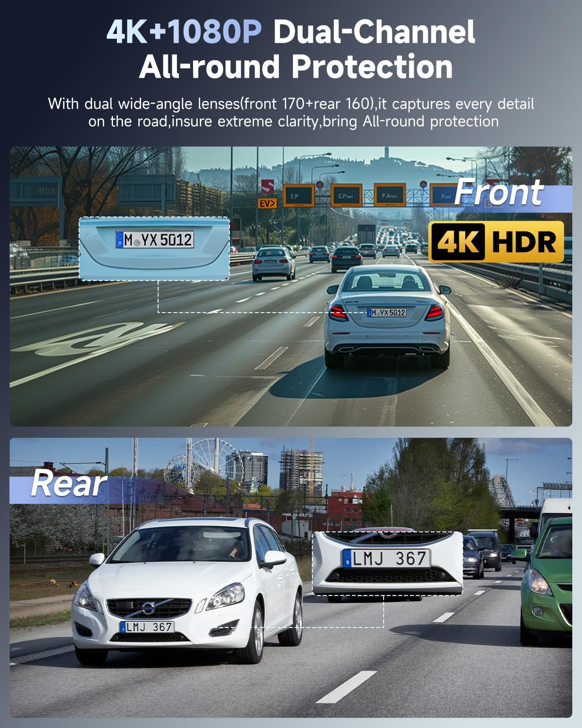 F8 4K Dash Cam Front and Rear, 170° Wide Angle Dshcam Front and Rear Camera with 64GB Card, 5G WiFi & App Control, WDR/HDR Night Vision, 24H Parking Mode, Loop Recording