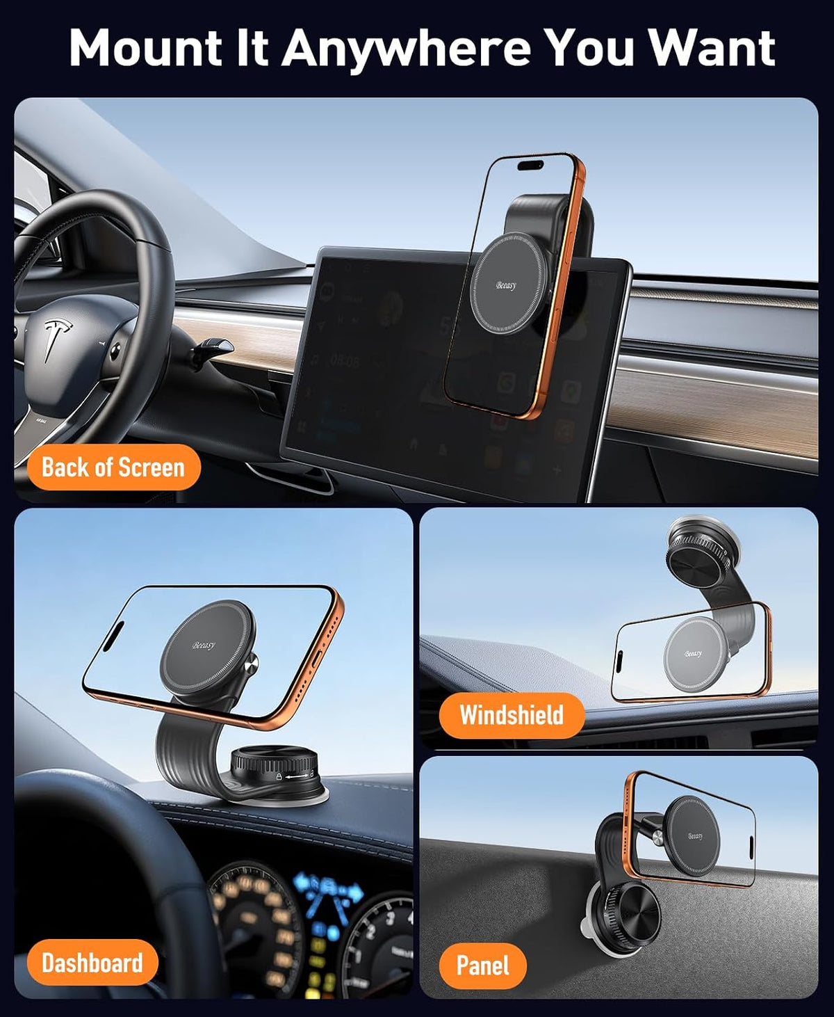 Beeasy for MagSafe Car Mount, 360 Adjustable Bendable Memory Alloy Arm, Magnetic Phone Holder with Vacuum Suction Cup, Dashboard Phone Mount for Tesla, iPhone, Samsung & All Smartphones