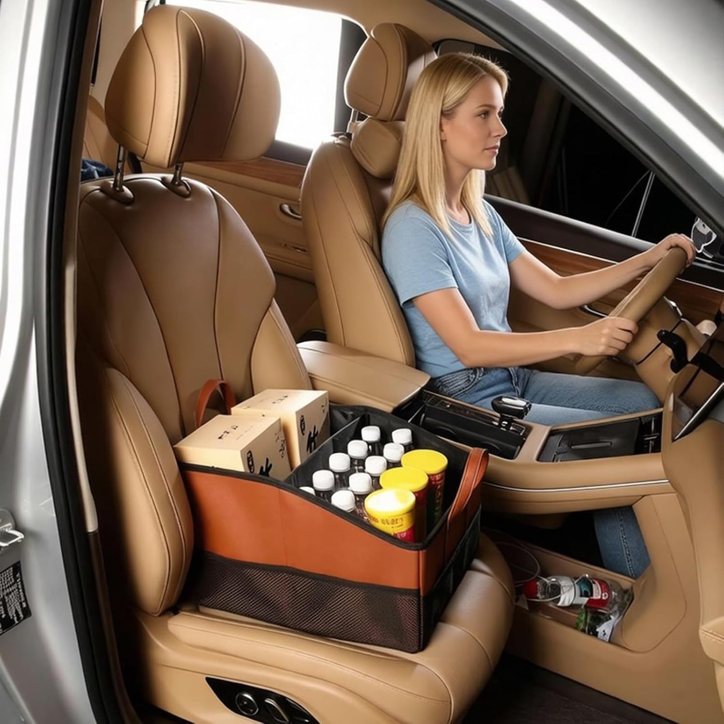 Collapsible Car Seat Organizer with 9 Compartments Black | Dividable Partitions, Mesh Pockets, Folds Flat Front/Back Seat & Floor Storage for SUV/Truck Travel