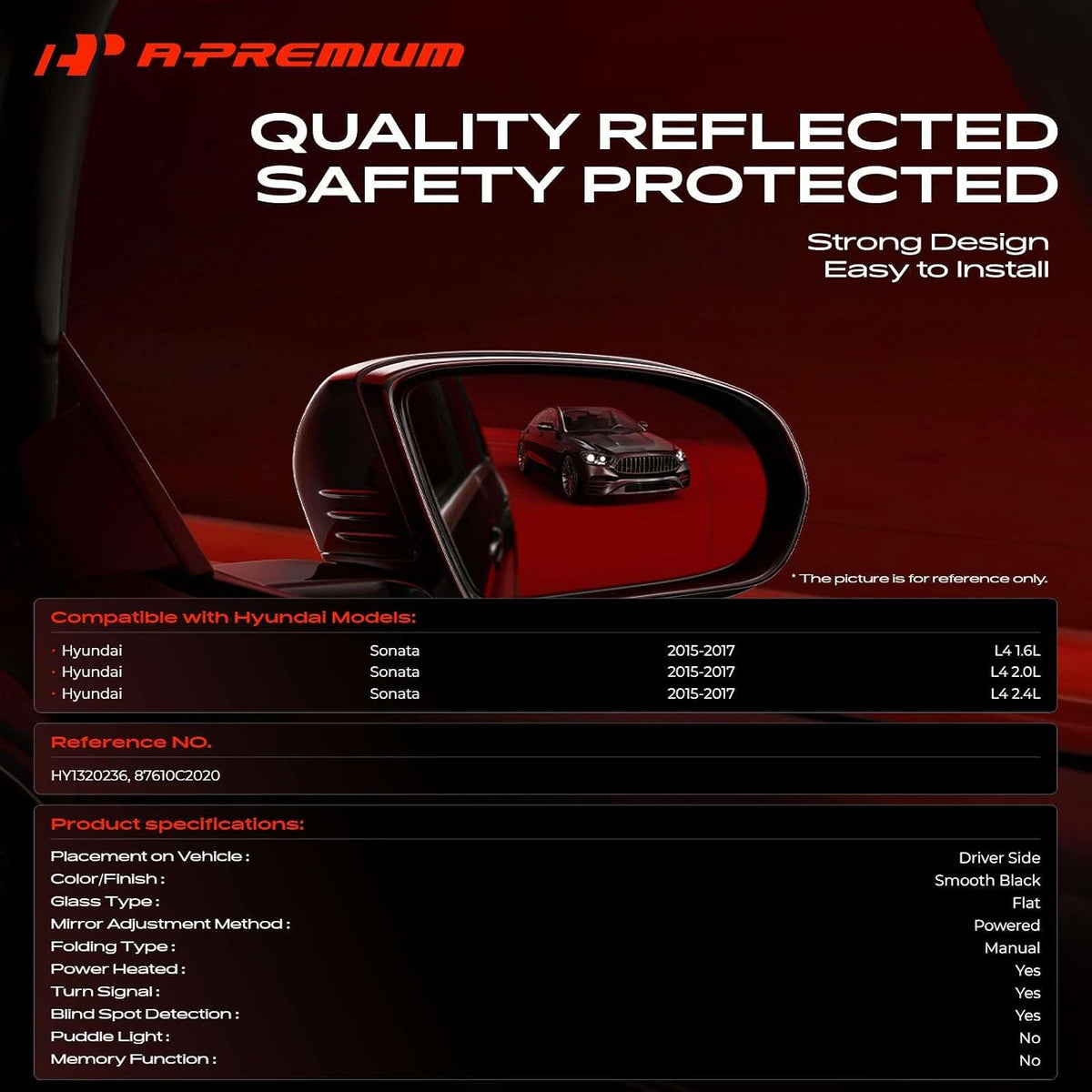 A-Premium Driver Side Power Door Mirror Compatible with Hyundai