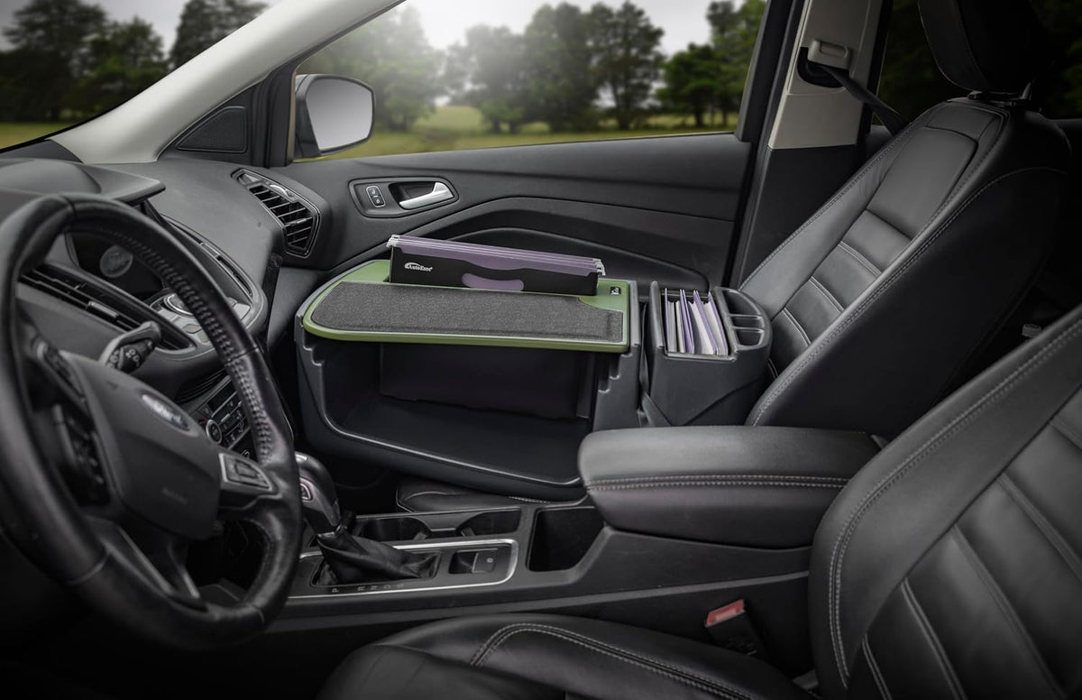 AutoExec Efficiency FileMaster Car Desk for Your Vehicle Workstation and Mobile Office, Army Green with 400 watt Power Inverter
