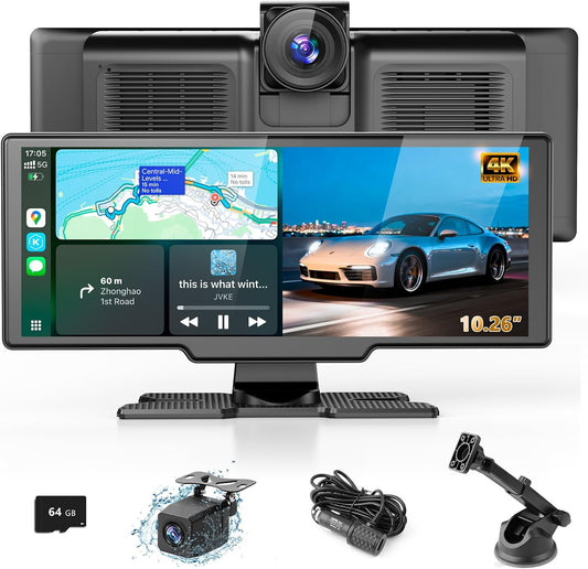 Portable Wireless Carplay Screen with Dashcam - Lehwey 10.26 Inch Car Play Tablet with 4K Front Dash Cam & 1080P Rearview Backup Camera, Bluetooth 5.0, FM, Voice Assistant, with 64GB TF Card