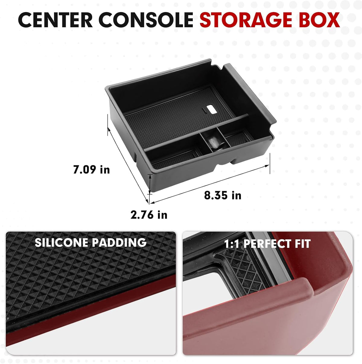 Autorder Center Console Organizer for 2022-2026 Hyundai Santa Cruz Accessories Car Armrest Storage Box Middle Console Tray Container with Black & Red Non-Slip Silicone Mats