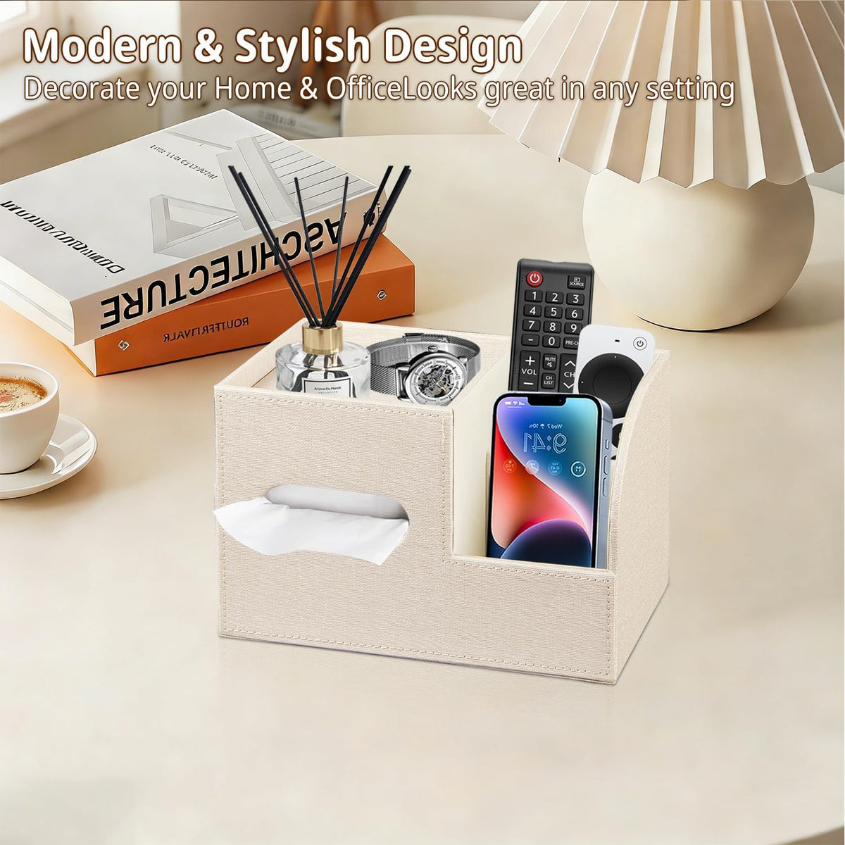 PU Leather Square Tissue Box Cover with Storage Tray,Cube Tissue Box Holder