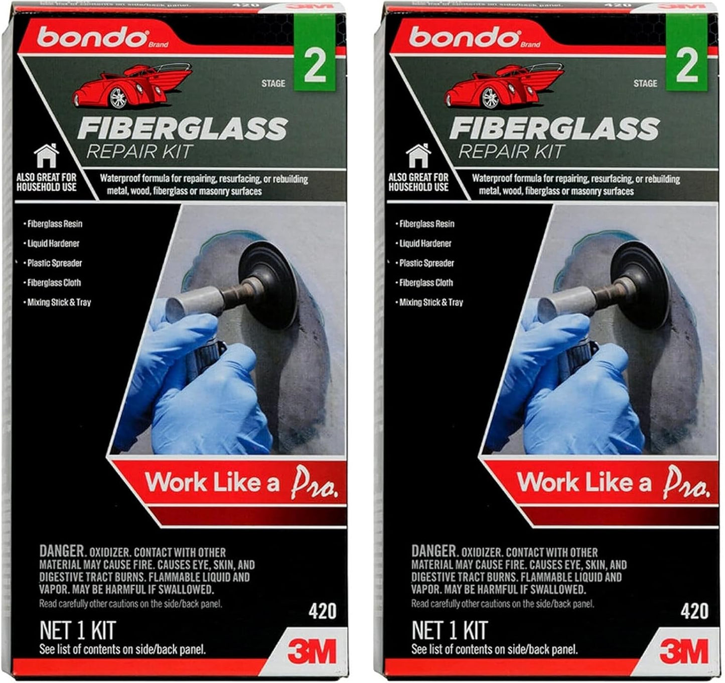 3M Bondo Fiberglass Resin Repair Kit, 00420, 0.45 Pint Each (Pack of 2) – All-in-One DIY Waterproof Multi-Surface Repair Solution for Automotive, Marine & Home Use