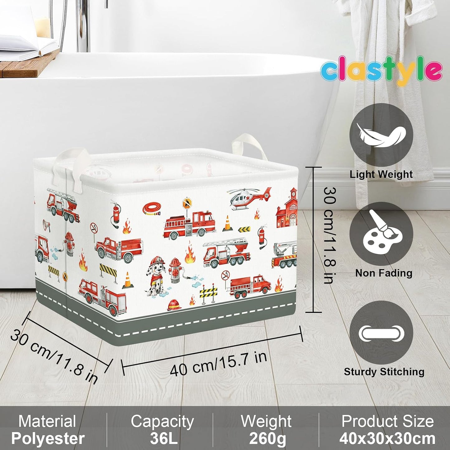 Clastyle Rectangle Large Red Fire Car Boy Gift Basket Collapsible Spotted Dog Engine Book Shelf Basket Toy Clothes Cube Storage Basket for Kids Room Nursery