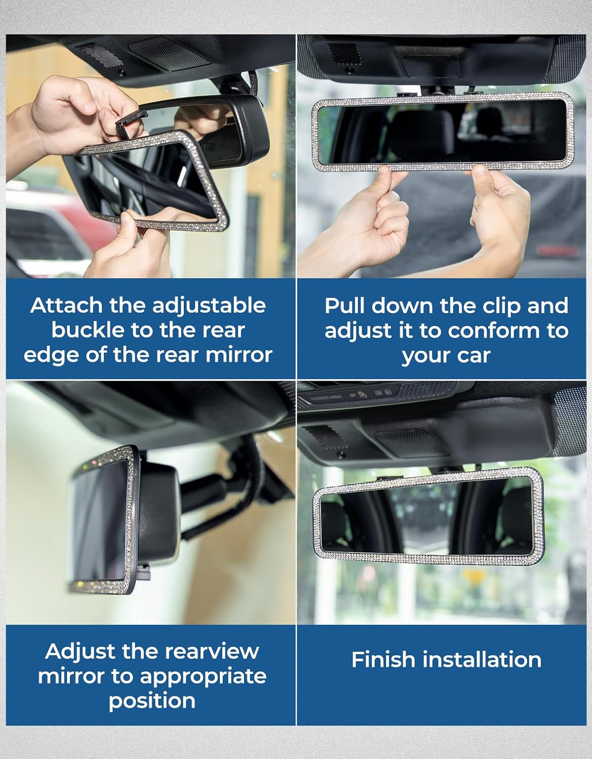 JOYTUTUS Rear View Mirror, Universal 12 Inch Panoramic Rearview Accessories with Bling Rhinestones Crystal Diamonds Edge, Interior Clip-on Wide Angle Rear View Mirror -White