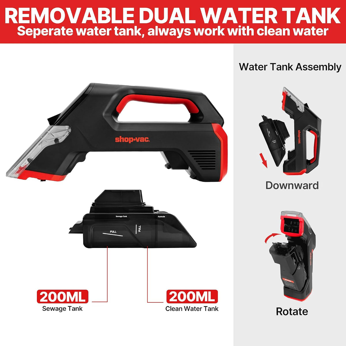 Shop-Vac 3-in-1 Cordless Spot Cleaner, Handheld Upholstery Cleaner with Spray, Rolling Brush and 5.5kPa Suction, 2 Water Tanks, USB-C Rechargeable