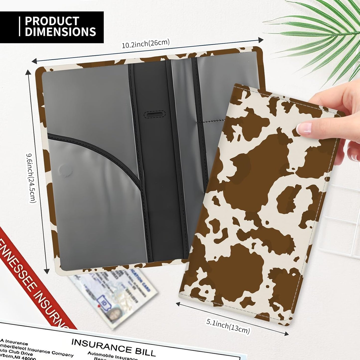 Leather Car Registration and Insurance Card Holder, Cute Car Accessories Vehicle Glove Box Car Organizer for Documents, Cards, License Brown Cow Print