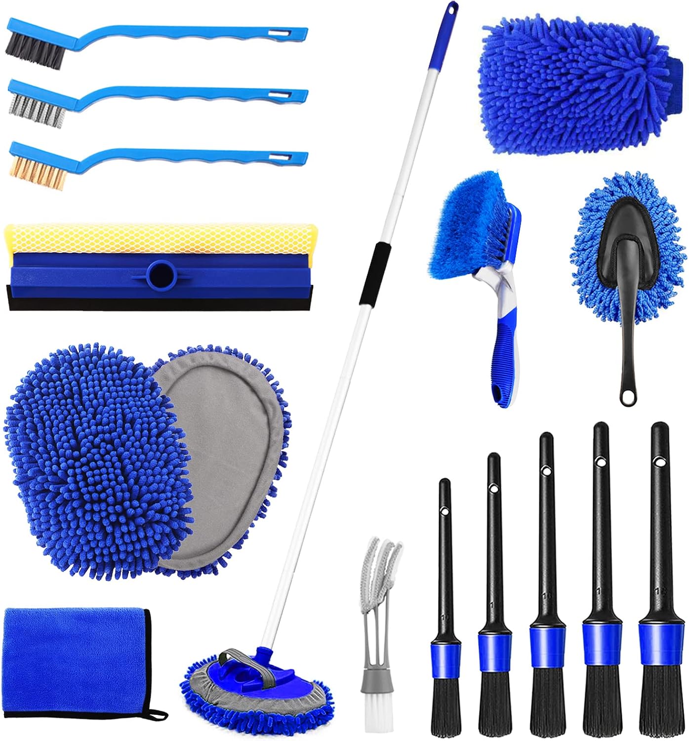 62'' Car Wash Brush Kit - Mitt, Mop, Sponge & Long Handle, Scratch-Free Chenille Replacement Head, Wheel Tire Brush, Car Detailing Kit for Cars, RV, Truck