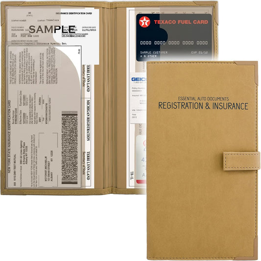 PlusXpres Registration and Insurance Card Holder - Car Organizer - Beige | Vehicle Glove Box Document Organizer, Auto Essential Paperwork Holder for Contact Information Cards, Interior Car Accessories