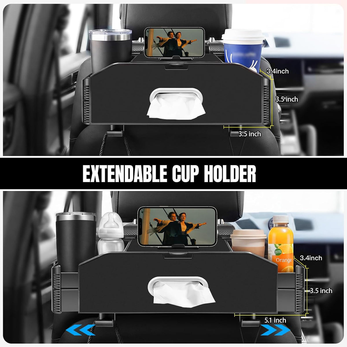 5-in-1 Back Seat Car Organizer and Storage with Extendable Cup Holder, Tissue Holder, Phone Holder, Hanging Hooks, Trash Bin, Back of Seat Car Headrest Organization Accessories for Women Man