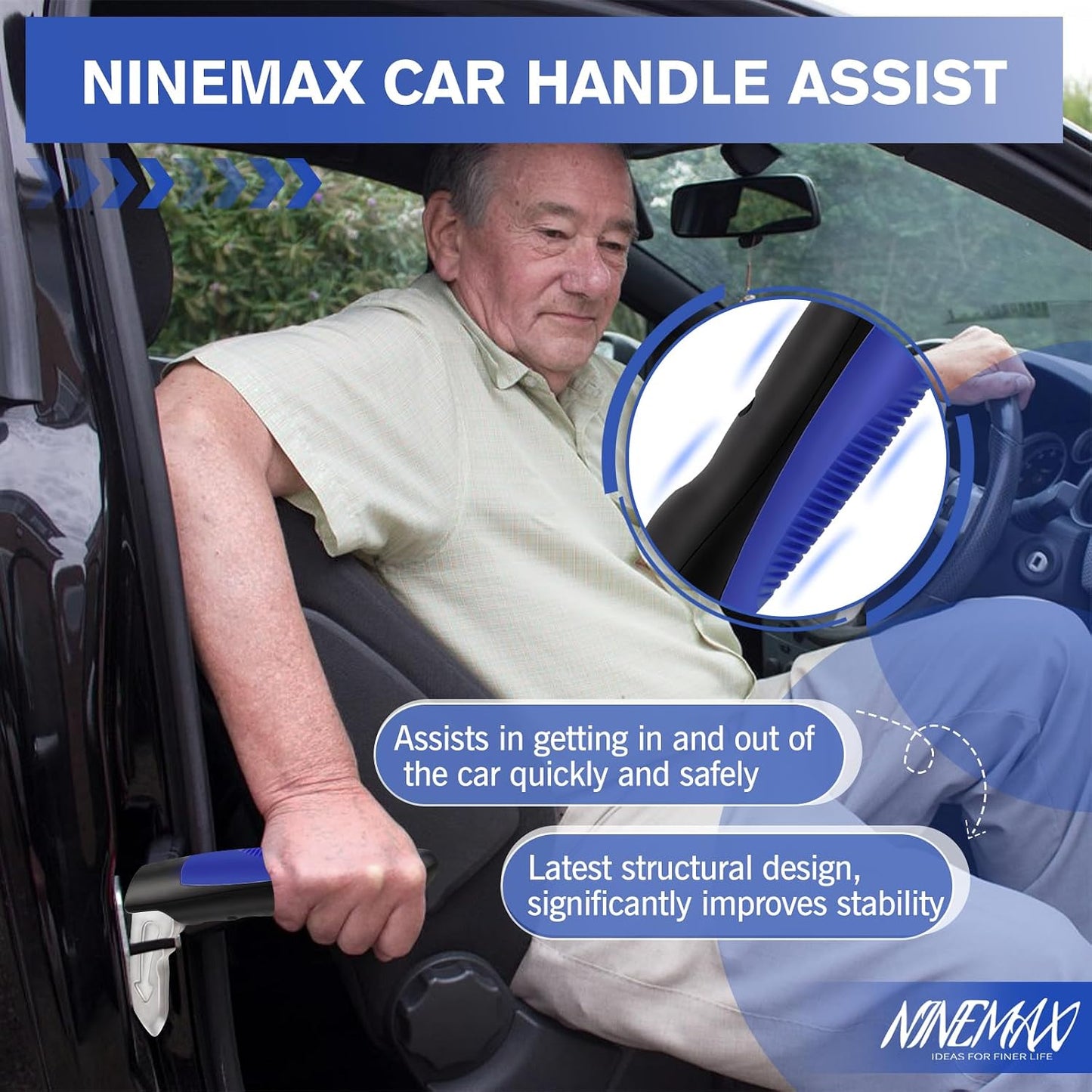 NINEMAX Car Door Assist Handle for Elderly & Handicap, (1 pc with Strap) | Stable Support for Easy Vehicle Entry, Universal Fit for Most Cars, Lightweight & Portable, Non-Slip Grip, Tool-Free Setup