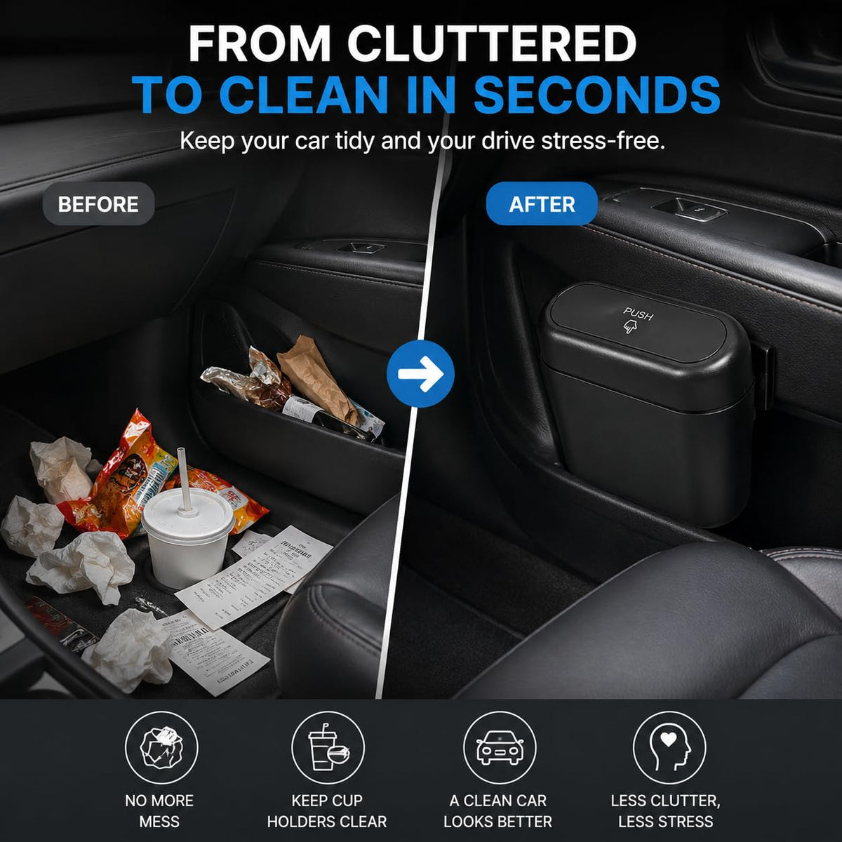 Car Trash Bin with Clip & Bags, Push Lid, Black, 1-Pack