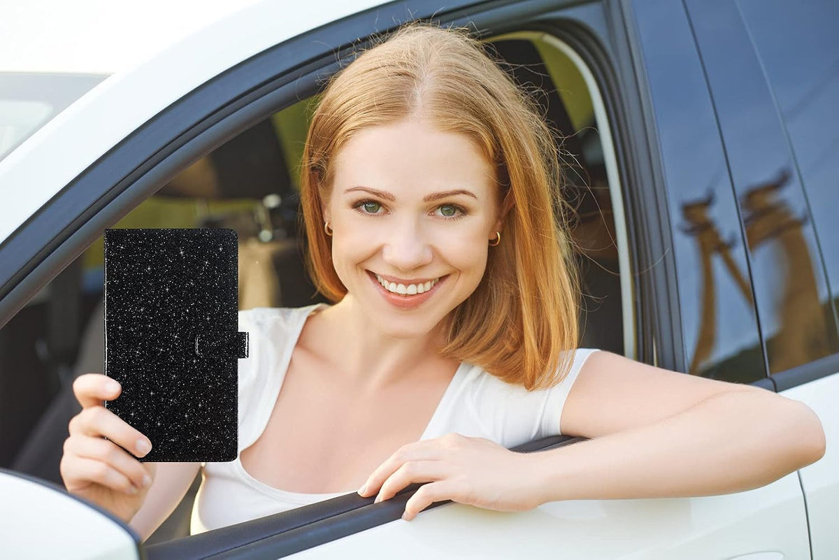 Caweet Car Registration and Insurance Holder Vehicle Glove Box Organizer Leather Car Document Holder for Driver's License, ID, Key Information Cards with Magnetic Closure, Glitter Black