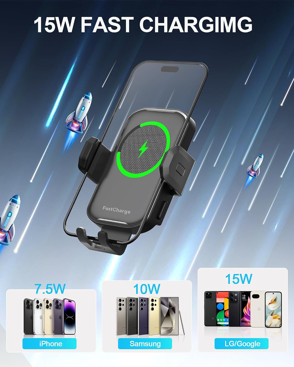 Wireless Car Charger,15W Fast Charging Auto Clamping Phone Holders for Your Car Compatible with iPhone 16/15/14/13, for Samsung Galaxy S24 Ultra S23 S22 S21, S20, S10+ (Black)
