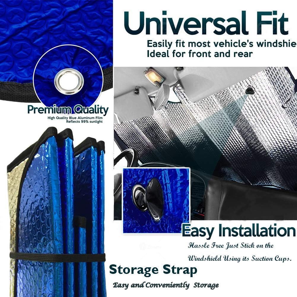 Big Ant Windshield Sun Shade Car Window Sunshade with Side Window Shades as Bonus, Blue Foldable UV Ray Visor Protector Shield Cover Keeps Vehicle Cool (Size 55" x 27.5")