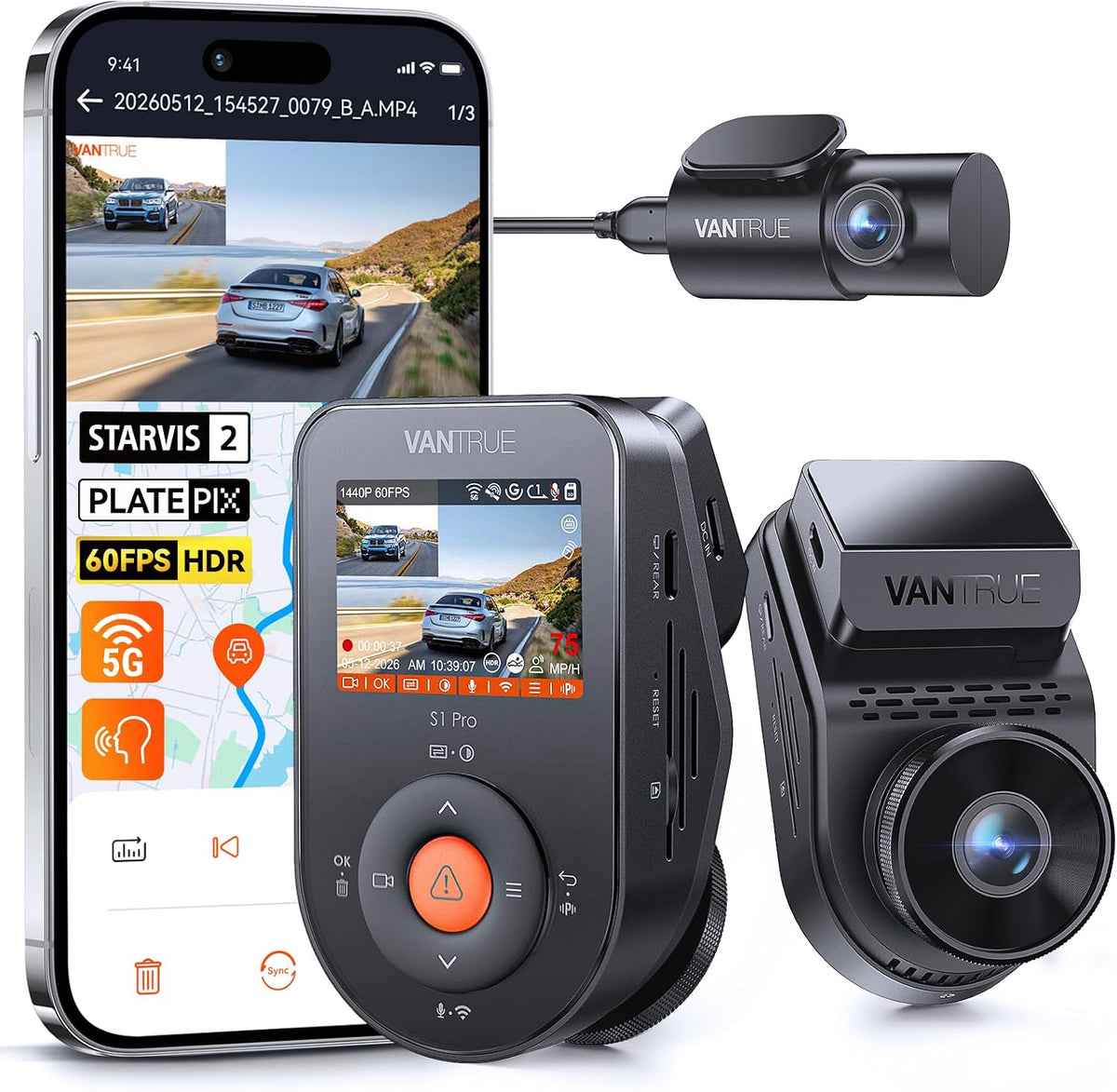 Vantrue S1 Pro 60fps Dash Cam Front and Rear, STARVIS 2 AI Dual Dash Cam