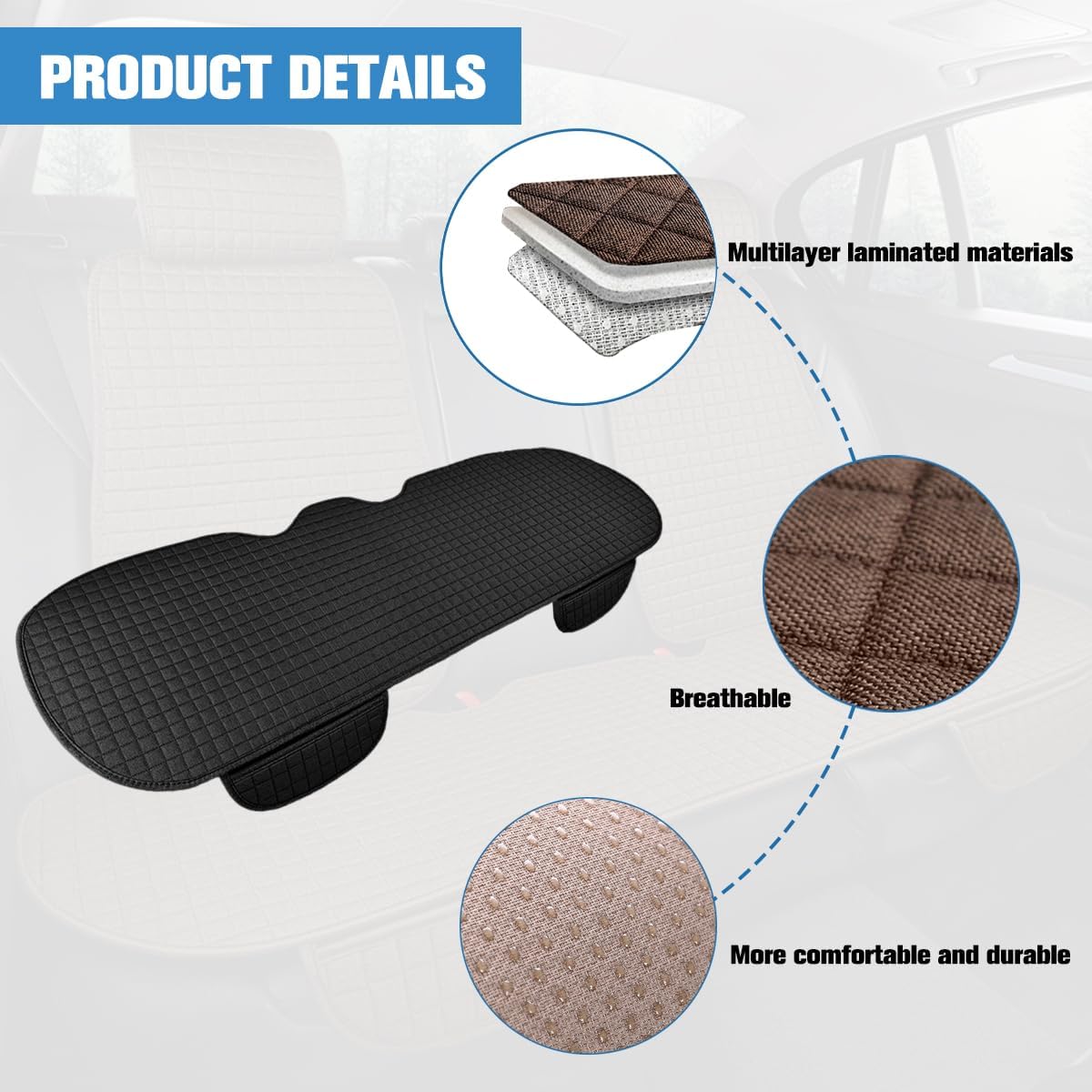 Car Back Seat Cover, Linen Breathable Vehicle Rear Bottom Bench Seat Protector with Storage Pocket, Anti-Slip Comfortable Long Automotive Rear Chair Cover, Universal for Vehicles (Black)