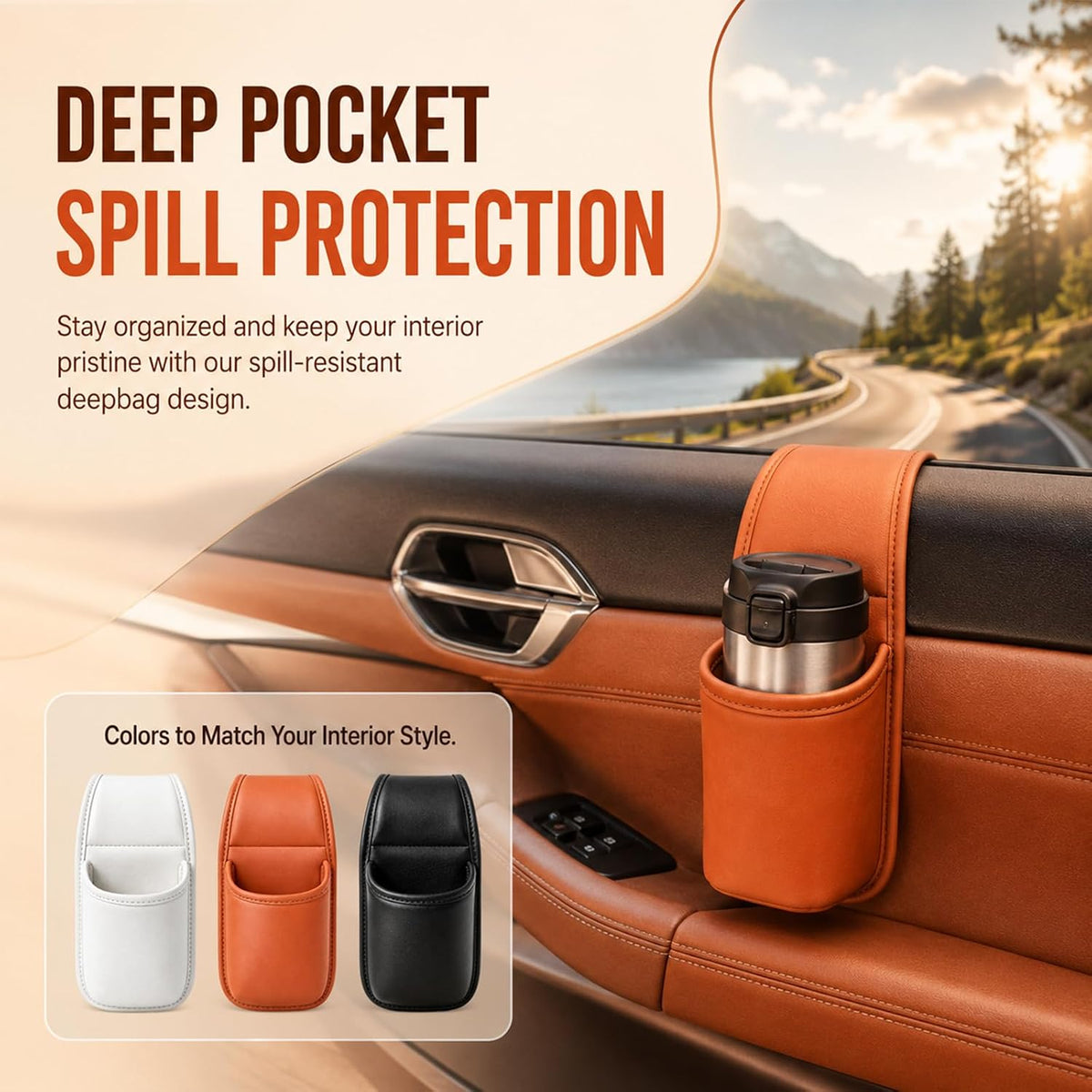 2 Pack Leather Car Door Cup Holder for Window,Multi‑Purpose Car Door Side Hanging Holder,Clip on Extra Large Drink Organizer for Phone Drink Bottle Sunglasses,Wide-Mouth Organizer(Black)