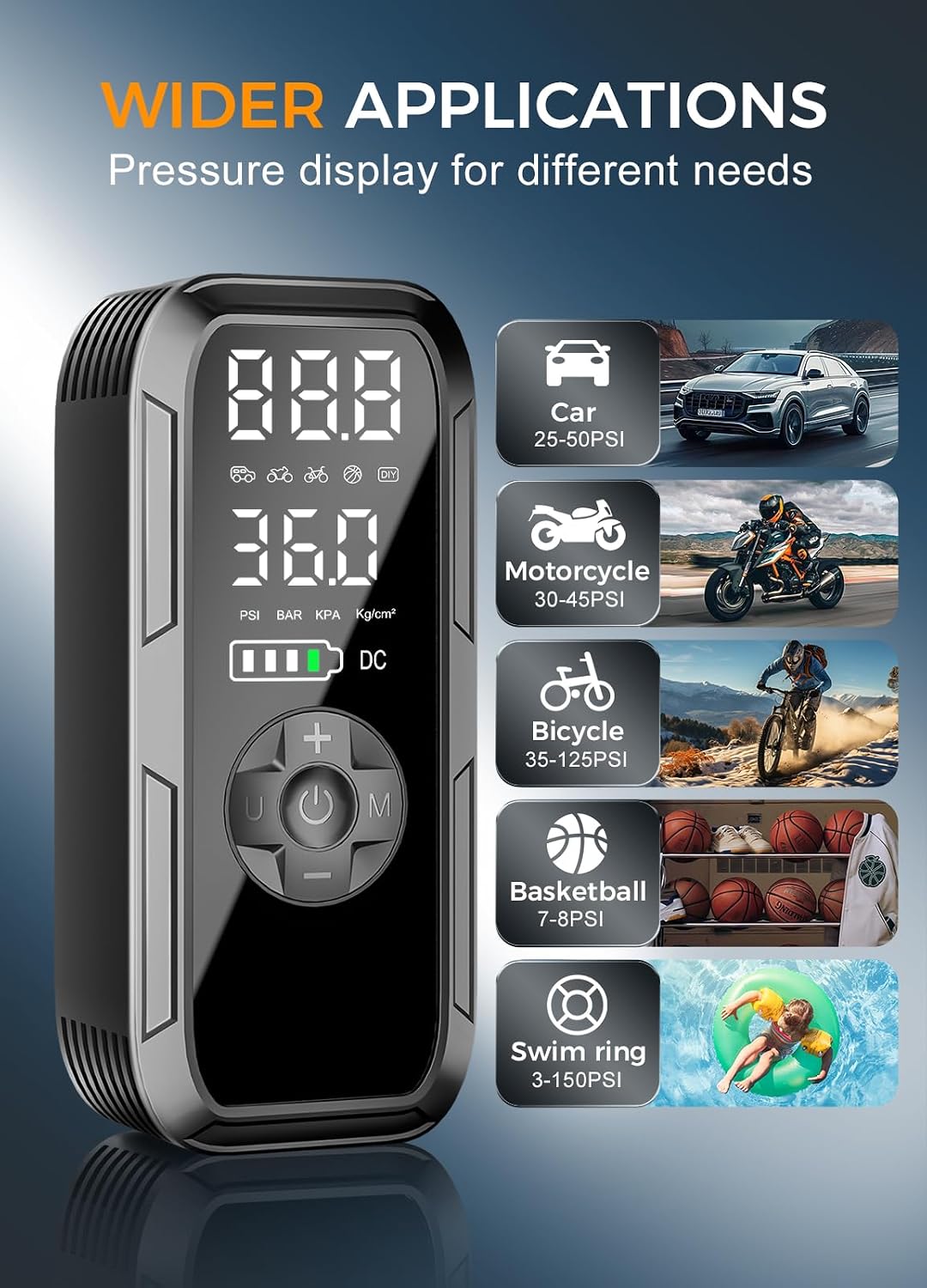 Y51 Tire Inflator Portable Air Compressor, 150 PSI Cordless Electric Air Pump for Car Tires, Auto Shut-Off/ 4500mAh/ 12V DC Car Plug/Accurate LCD Display & LED Light for Car, Motorcycle, Bike, Ball