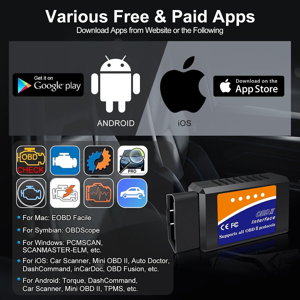 OBD2 Bluetooth Scanner Car Code Reader for iOS, Android and Windows