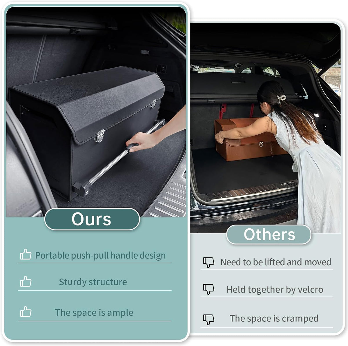 XCF Car Organizer Trunk, Durable Collapsible Leather Trunk Organizer with Lid and Sturdy Handle, Auto Cargo Storage Compartments, SUV/Car Accessories for Men/Women (11.4 x 27 x 12.2, Black)