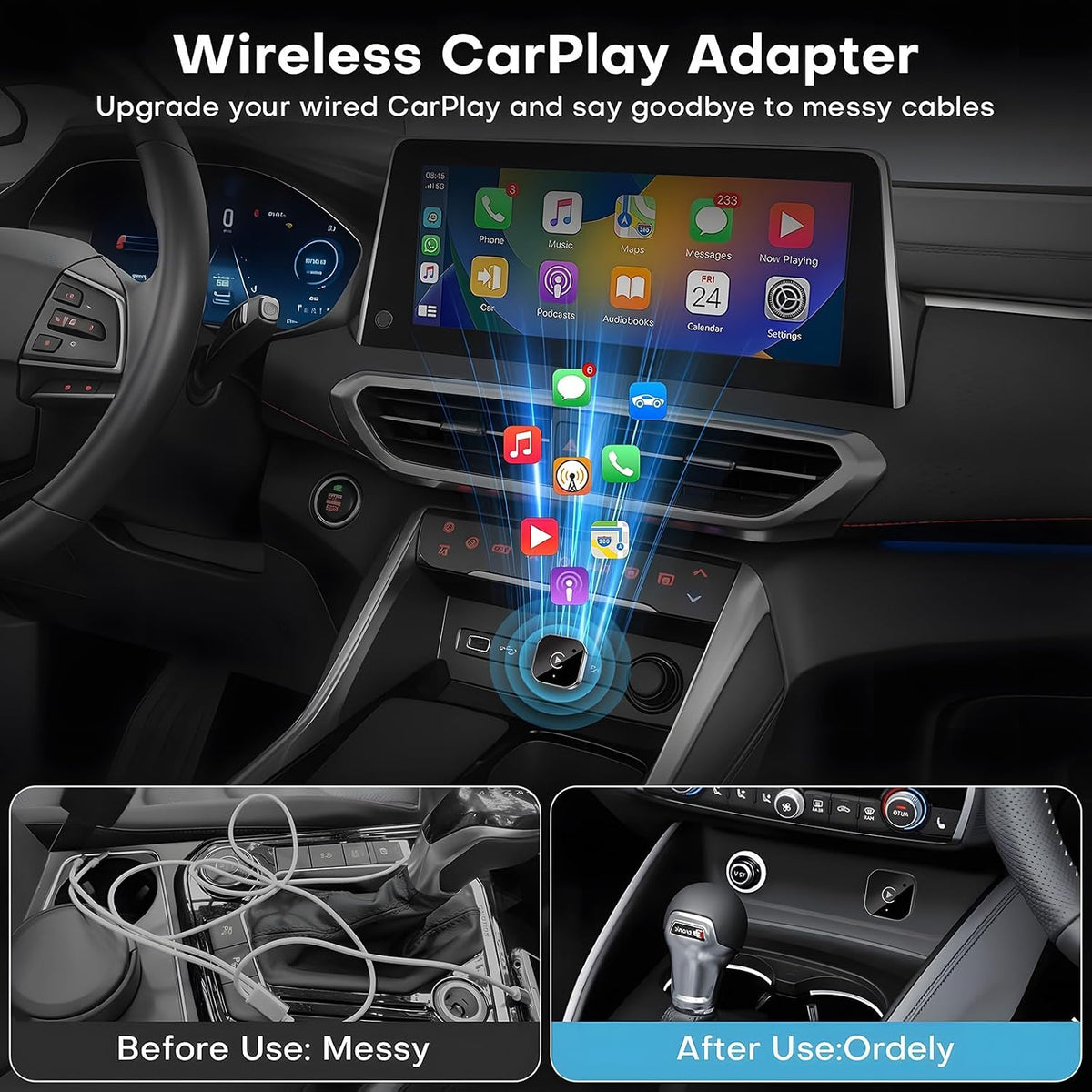 Wireless CarPlay Adapter, Mini USB-C Dongle with 5GHz WiFi, Converts Wired to Wireless CarPlay & Android Auto, Plug & Play, Auto Reconnect, No Lag, for 2016+ Cars, USB-A Adapter Included