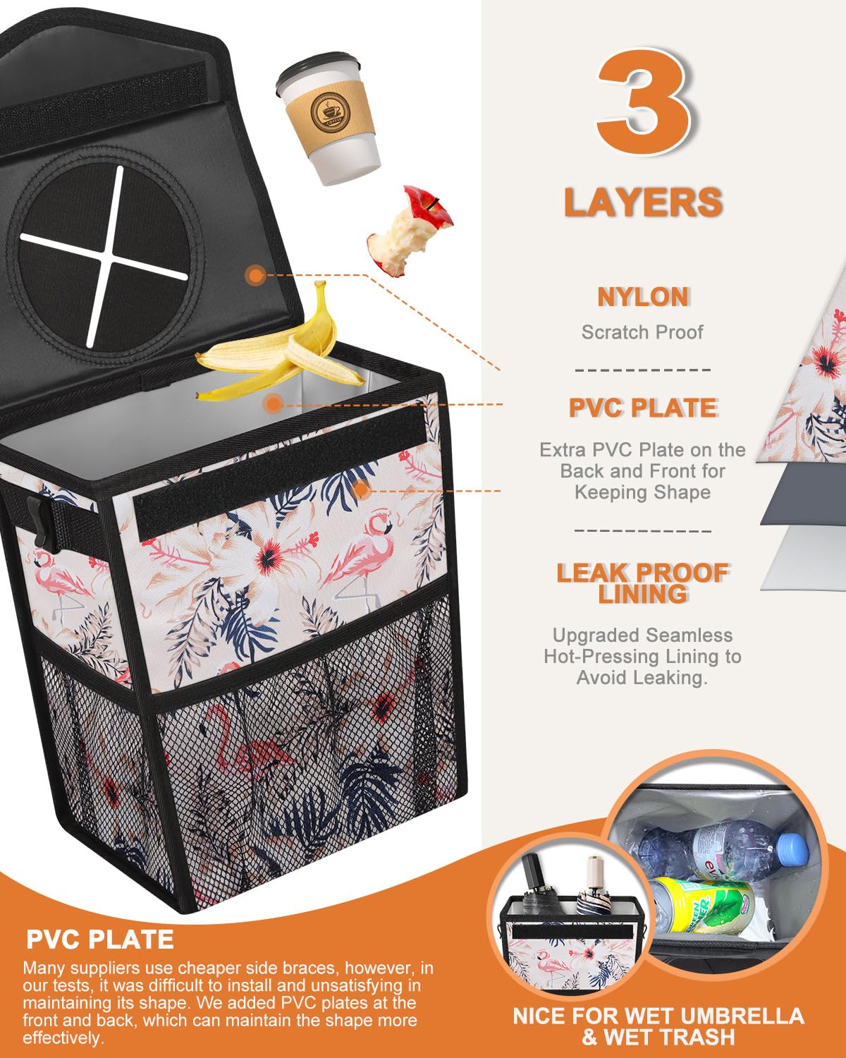 Pritent Car Trash Can with Lid Leakproof Car Garbage Bag Vehicle Trash Bin